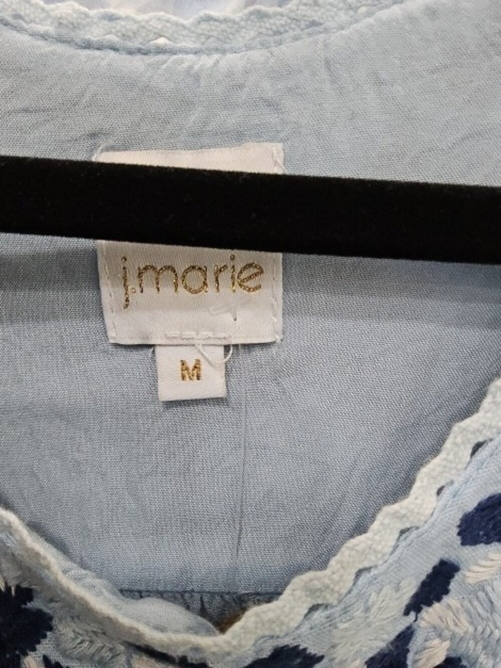 j.marie Light Blue Embroidered Top with Navy Accents|| Size M - Picture 2 of 2